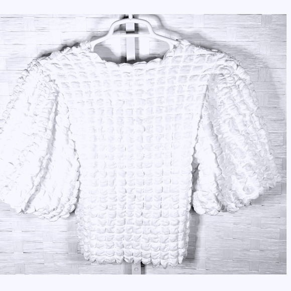 ANTHROPOLOGIE ERI + ALI TEXTURED BUBBLE PUFF SLEEVE BLOUSE TOP WHITE SIZE MEDIUM - Picture 2 of 6